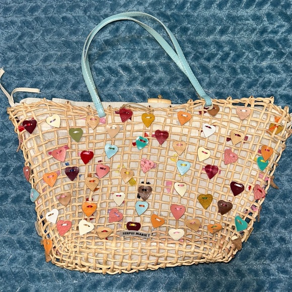 Serpui Marie Open Weave Straw Tote Bag with Leather Heart Detail - Picture 2 of 3